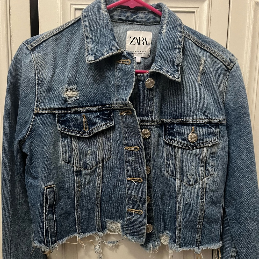 Zara Distressed Cropped Denim Jacket